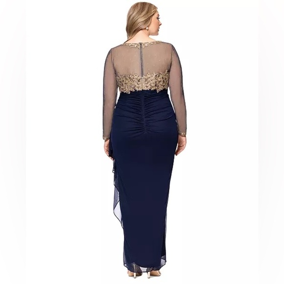 Xscape Long Sleeve Dress with Navy and Gold Accents - Picture 4 of 6